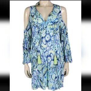 NWT Lilly Pulitzer Benicia Tunic Dress Cold Shoulder Indigo Sunset Tie Front S